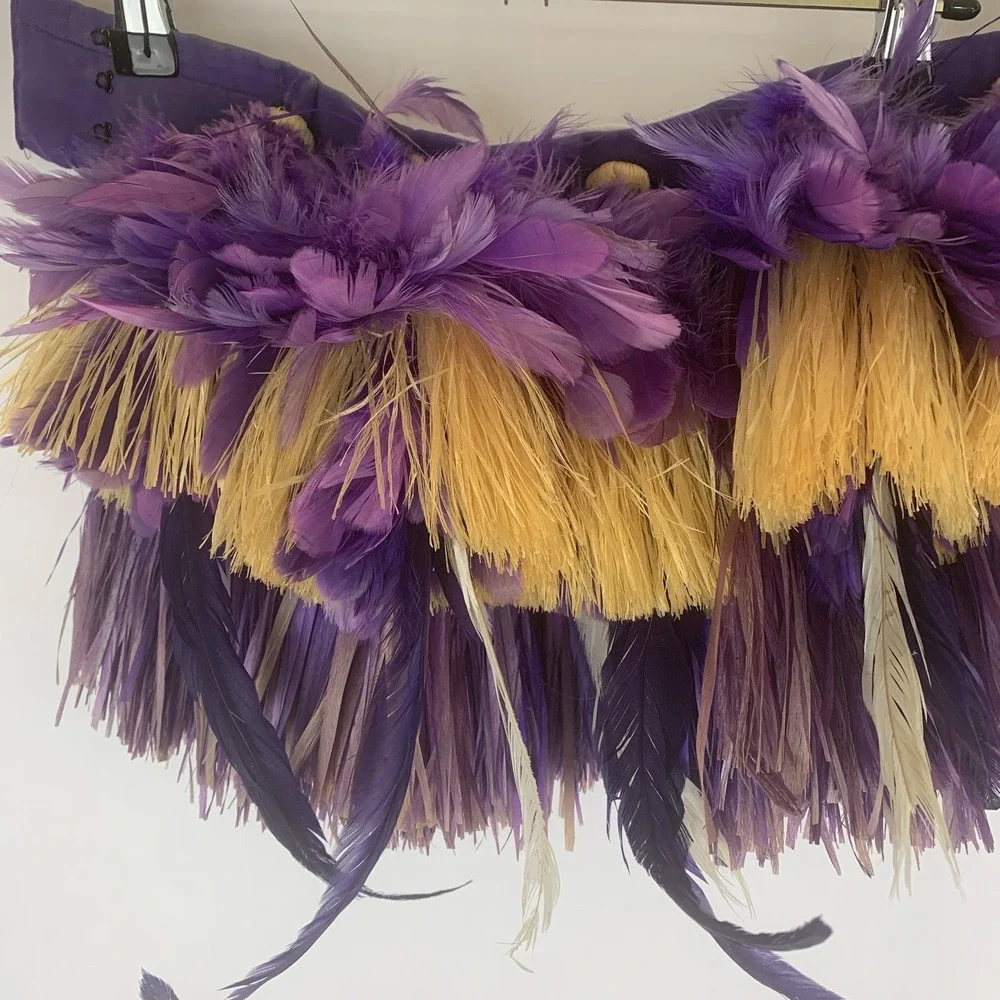 Vintage Hula Grass Skirt Hawaiian Polynesian Tiki Costume Feathers Handmade FLAW